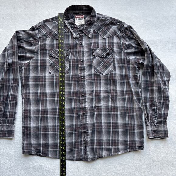 Wrangler Jeans Co Men X Large Plaid Western Shirt Pearl Snap Long Sleeve Gray - Picture 12 of 15